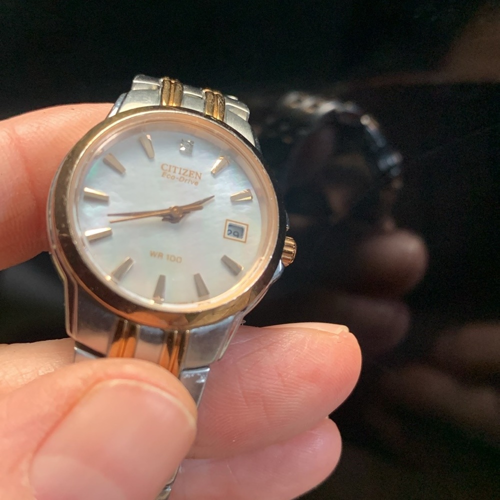Citizen Eco-Drive watch. Silver, gold & mother of pearl. Water resistant 100m.
